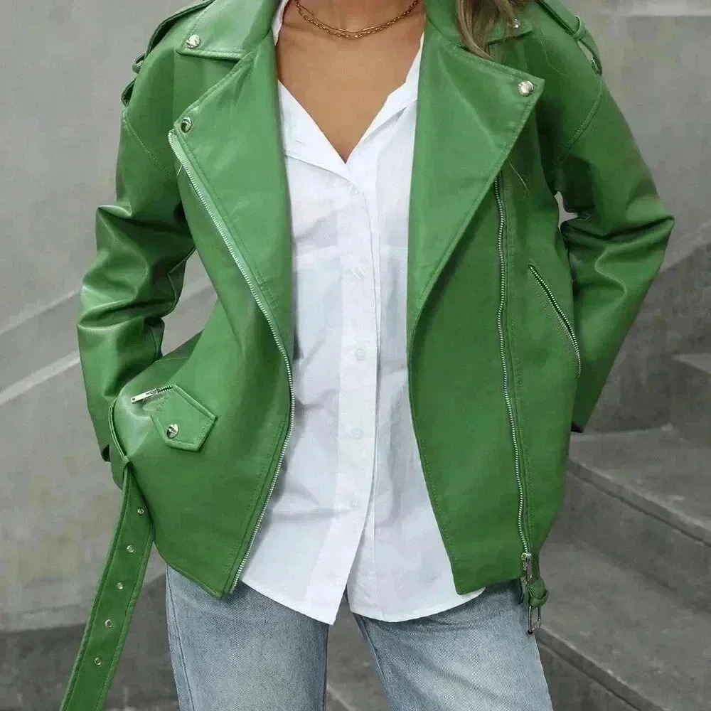 Green Casual Women's Stylish Woven Fabric Biker Jacket - Picture 7 of 7